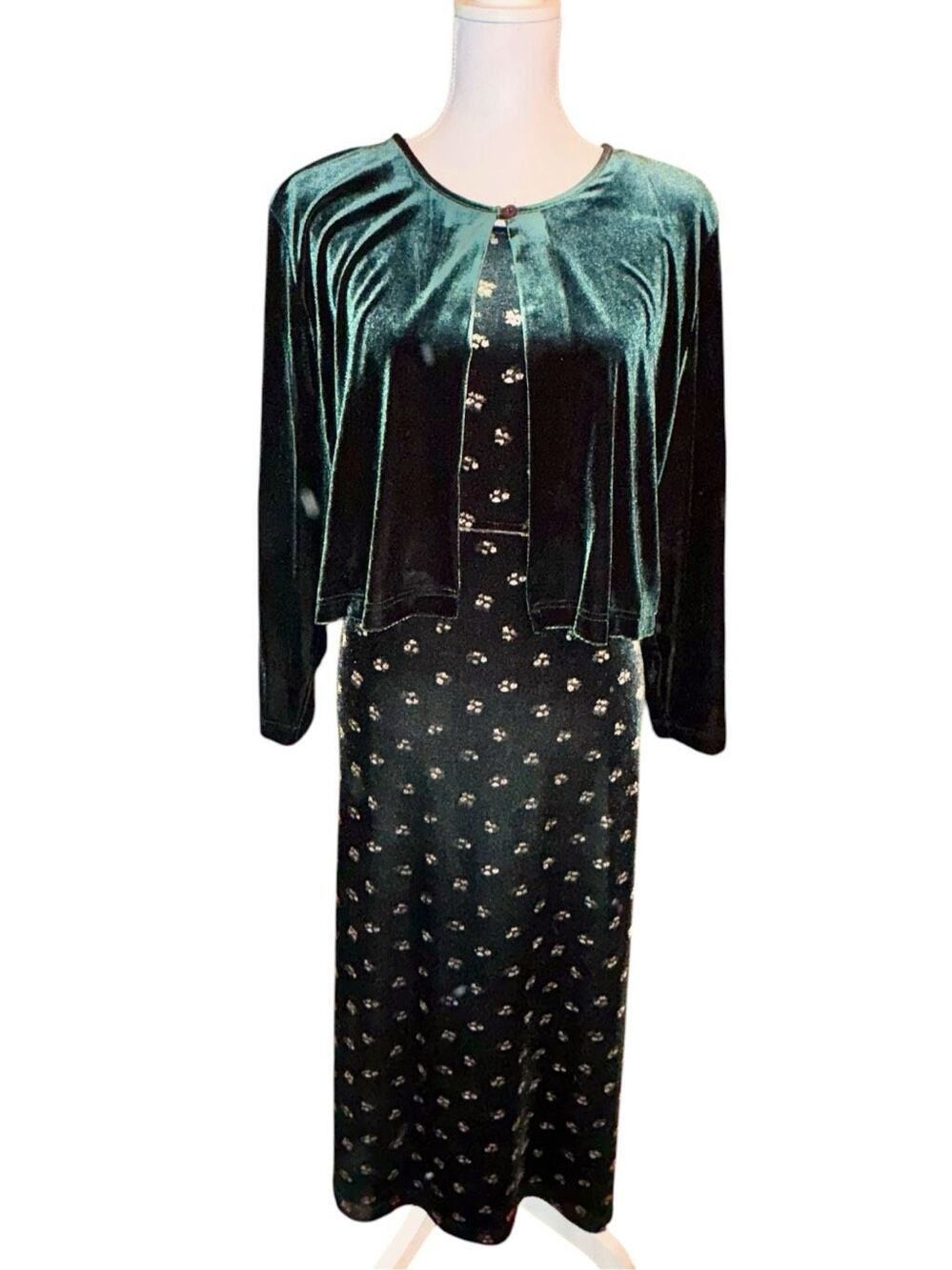 FADS Vintage 80s 90s Cottagecore 2-Piece Green Velvet Dress With Matching Green